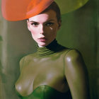 Stylized portrait of a woman in orange hat and green outfit