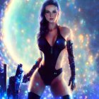 Futuristic female cyborg in black bodysuit against cosmic backdrop