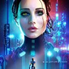 Digital woman's face over futuristic cityscape with neon lights & skyscrapers.