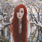 Red-haired woman in snowy forest with leaf on cheek