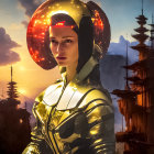 Futuristic woman in golden spacesuit gazes at sci-fi cityscape at sunset