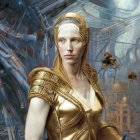 Woman in golden attire and headband with futuristic city and flying crafts.