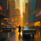 Solitary figure in neon-lit, rainy street with retro-futuristic cars and towering buildings.