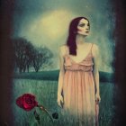 Vintage dress woman in mystical field with dark rose under full moon