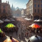 Vibrant market street with futuristic stalls and colorful canopies