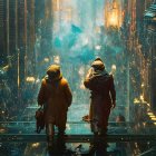 Two people in winter clothing admire a futuristic cityscape at night in snowfall.