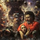 Man in red cradles figure's head amidst celestial orbs, android, and space backdrop