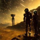 Astronauts on rocky alien surface view futuristic settlement under starry sky