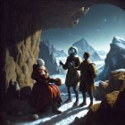 Three historical figures in cave entrance under night sky.