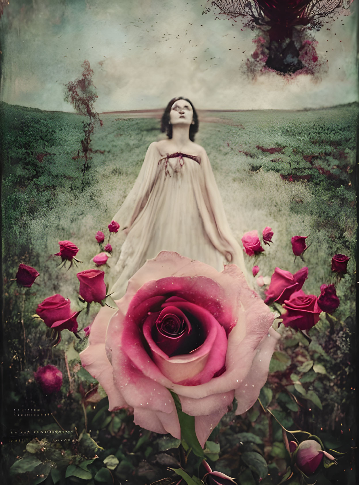 Surreal portrait of a woman in white gown above giant rose and dark tree