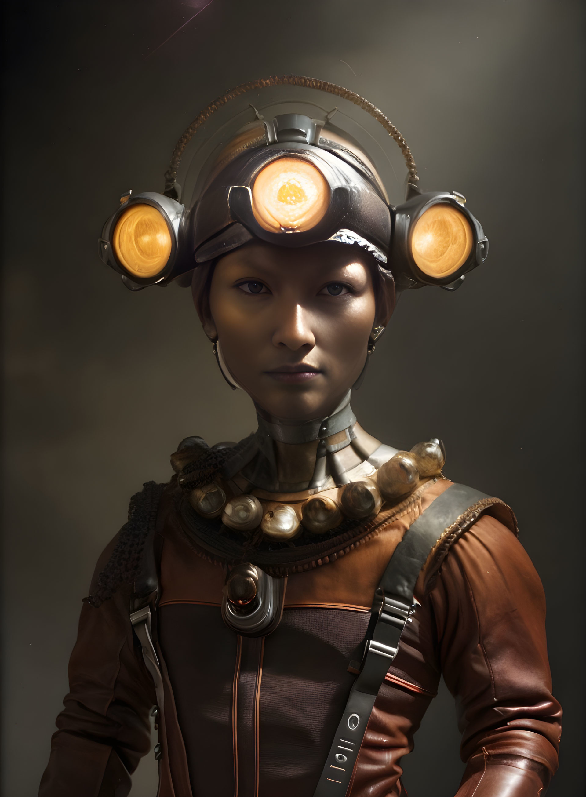 Elaborate helmet with circular orange attachments and metallic-adorned leather jacket.