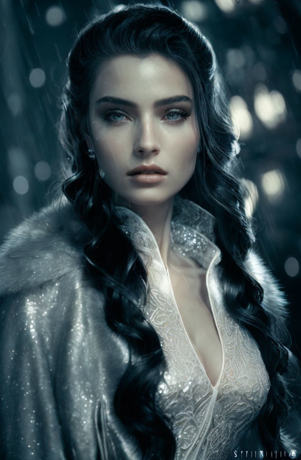 Woman with Blue Eyes in Frost-Toned Winter Outfit