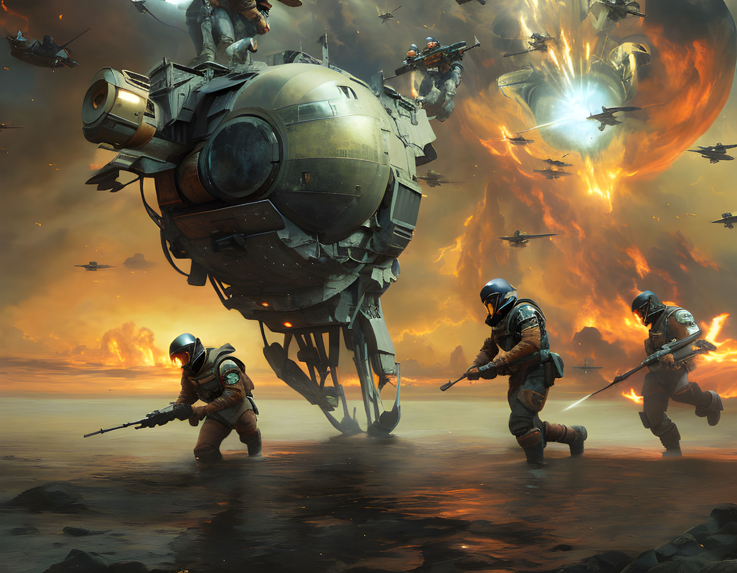 Futuristic armored soldiers on war-torn beach under stormy sky