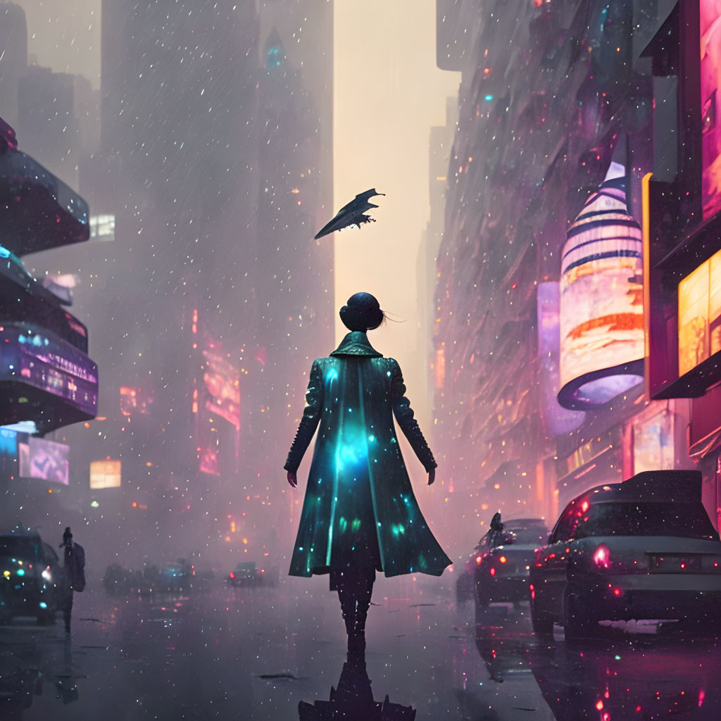 Glowing figure in futuristic city at twilight with crow and neon signs