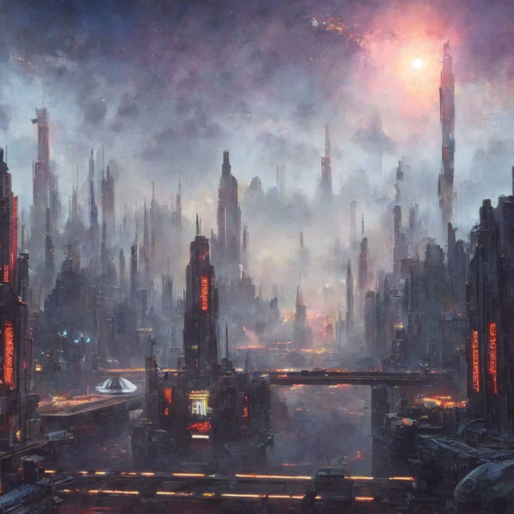 Futuristic cityscape at dusk: towering skyscrapers, glowing lights, flying vehicles.