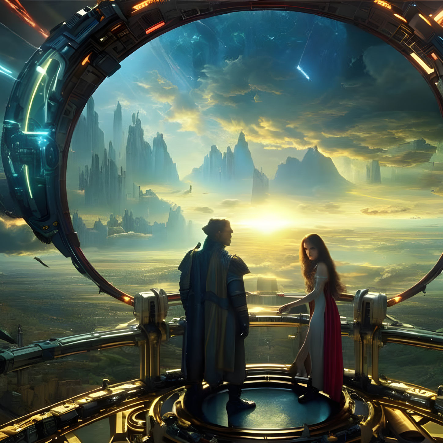 Futuristic gateway with two people overlooking alien cityscape