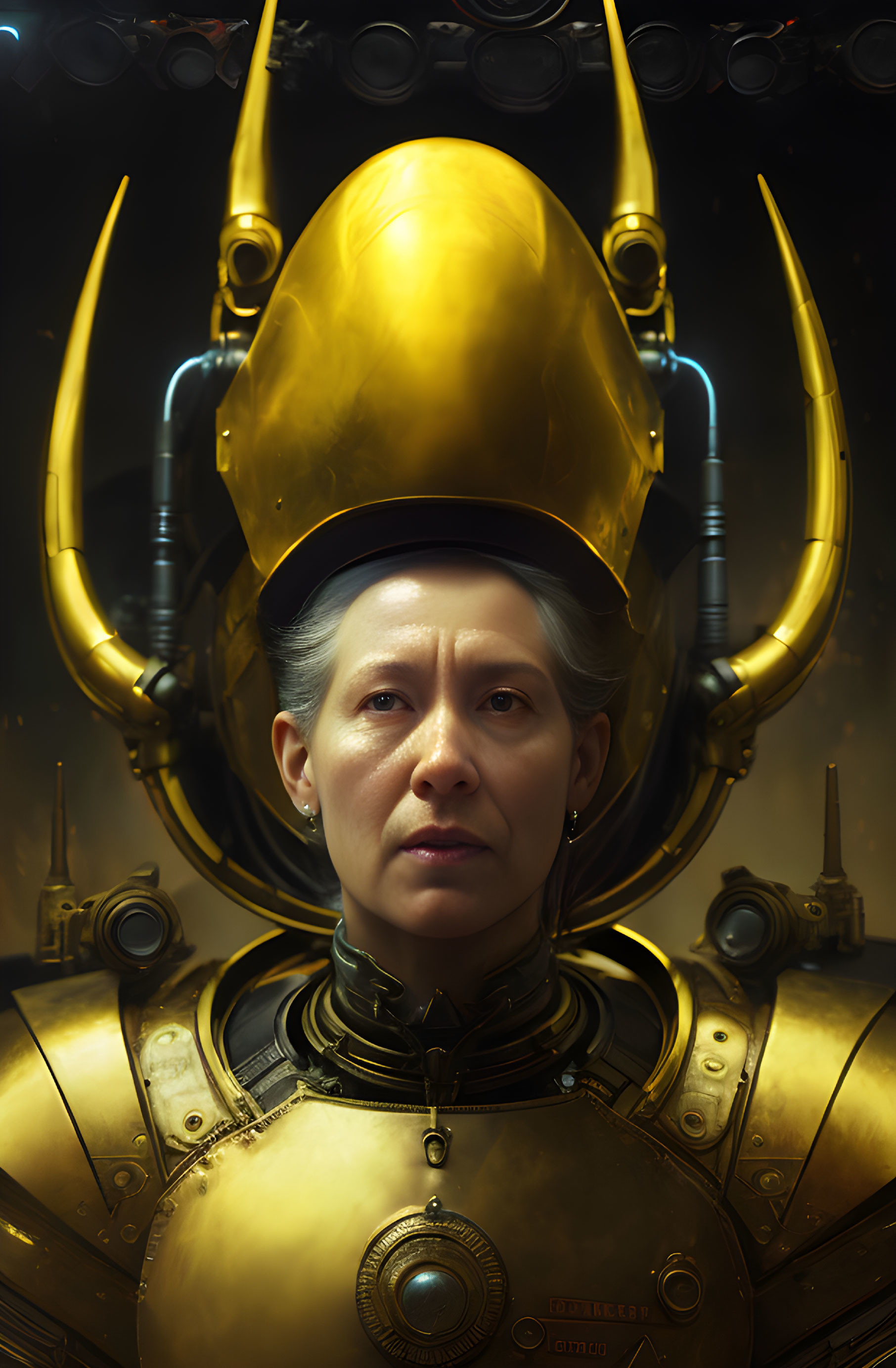 Stoic person in ornate golden helmet and armor against dark industrial backdrop