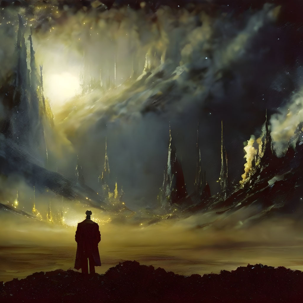 Solitary figure contemplates surreal landscape with towering spires