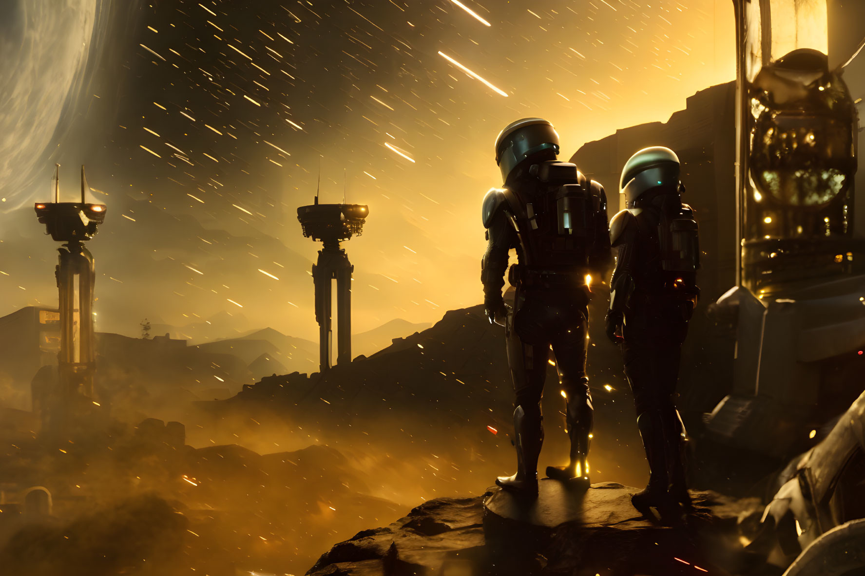 Astronauts on rocky alien surface view futuristic settlement under starry sky