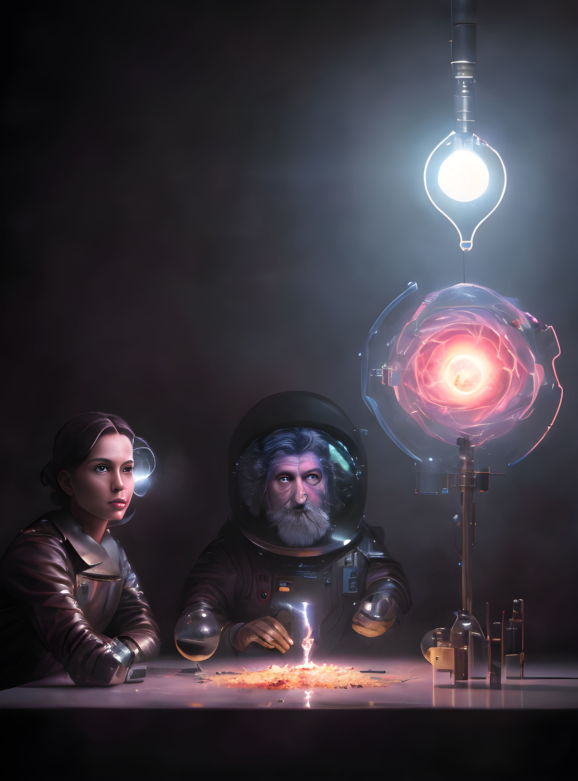 Man and woman observe glowing galaxy in futuristic apparatus