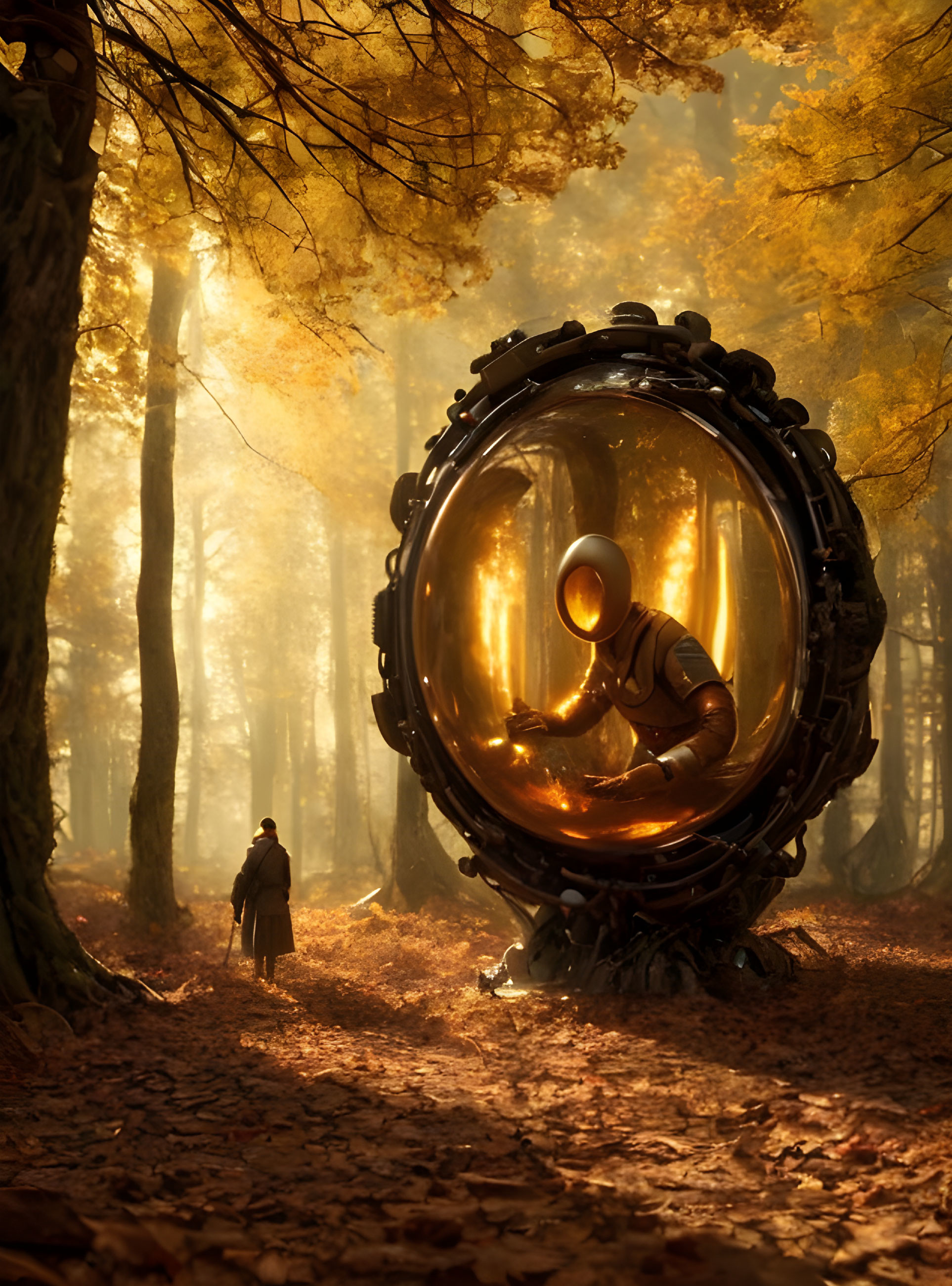 Person in sunlit autumn forest with spherical mechanical pod and humanoid figure.