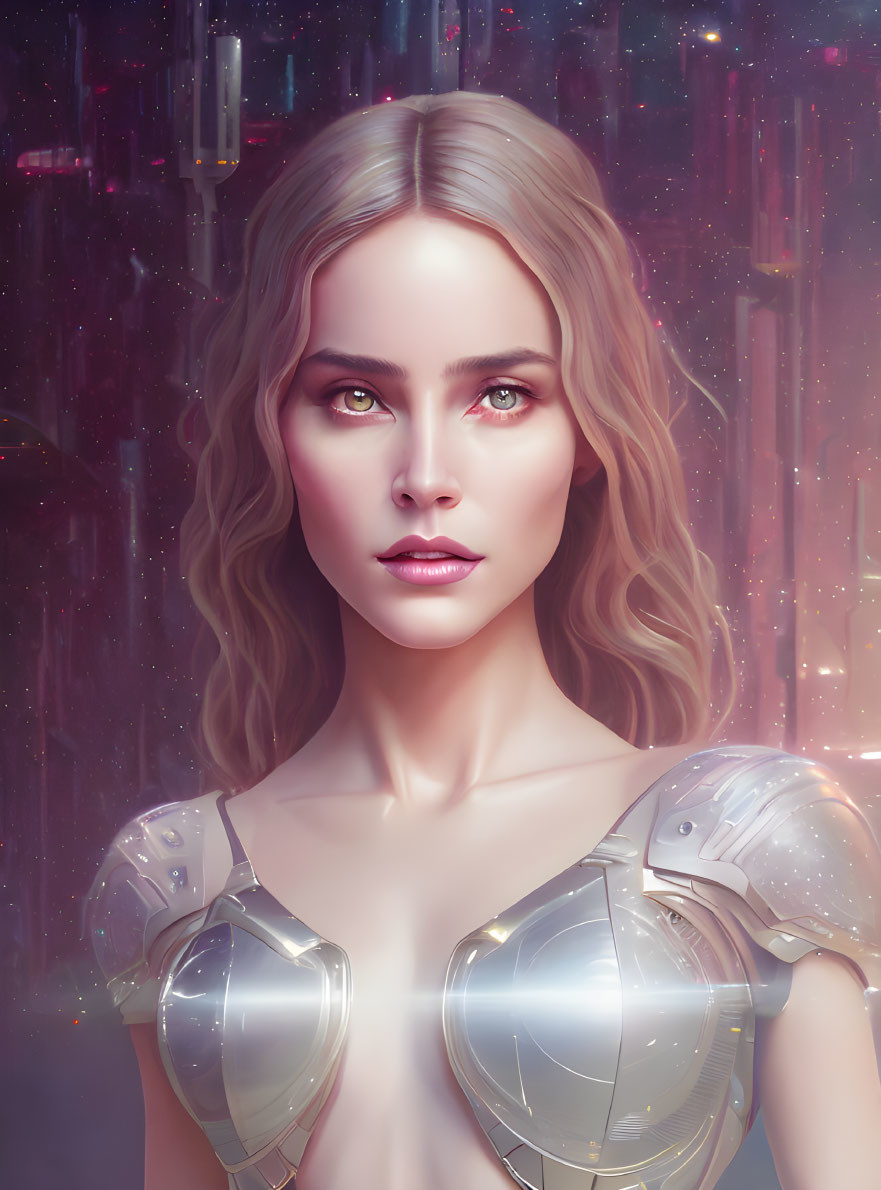 Blonde Woman in Futuristic Armor on Cosmic Background