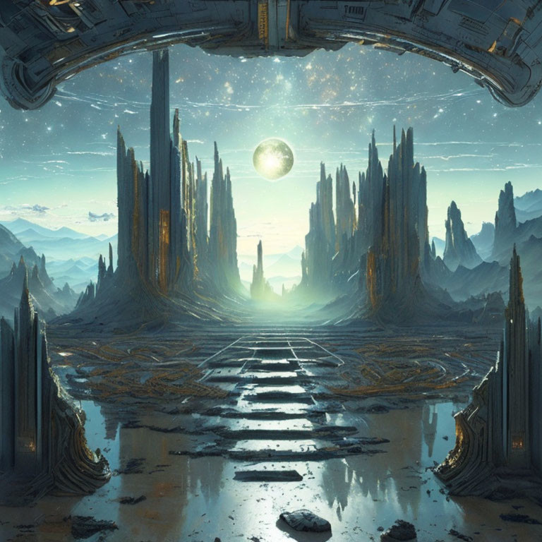 Futuristic landscape with towering spires and distant planet view