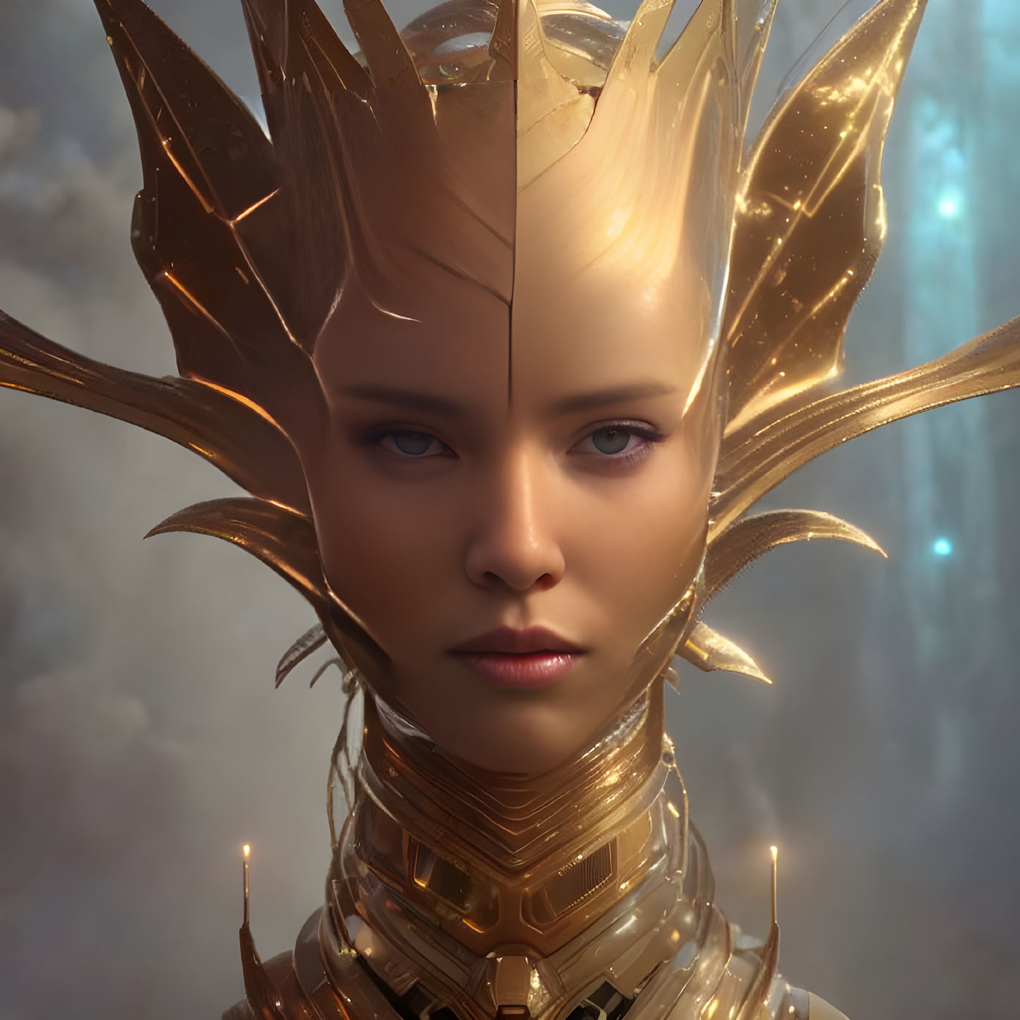 Female Figure in Gold Armor and Crown Against Ethereal Background