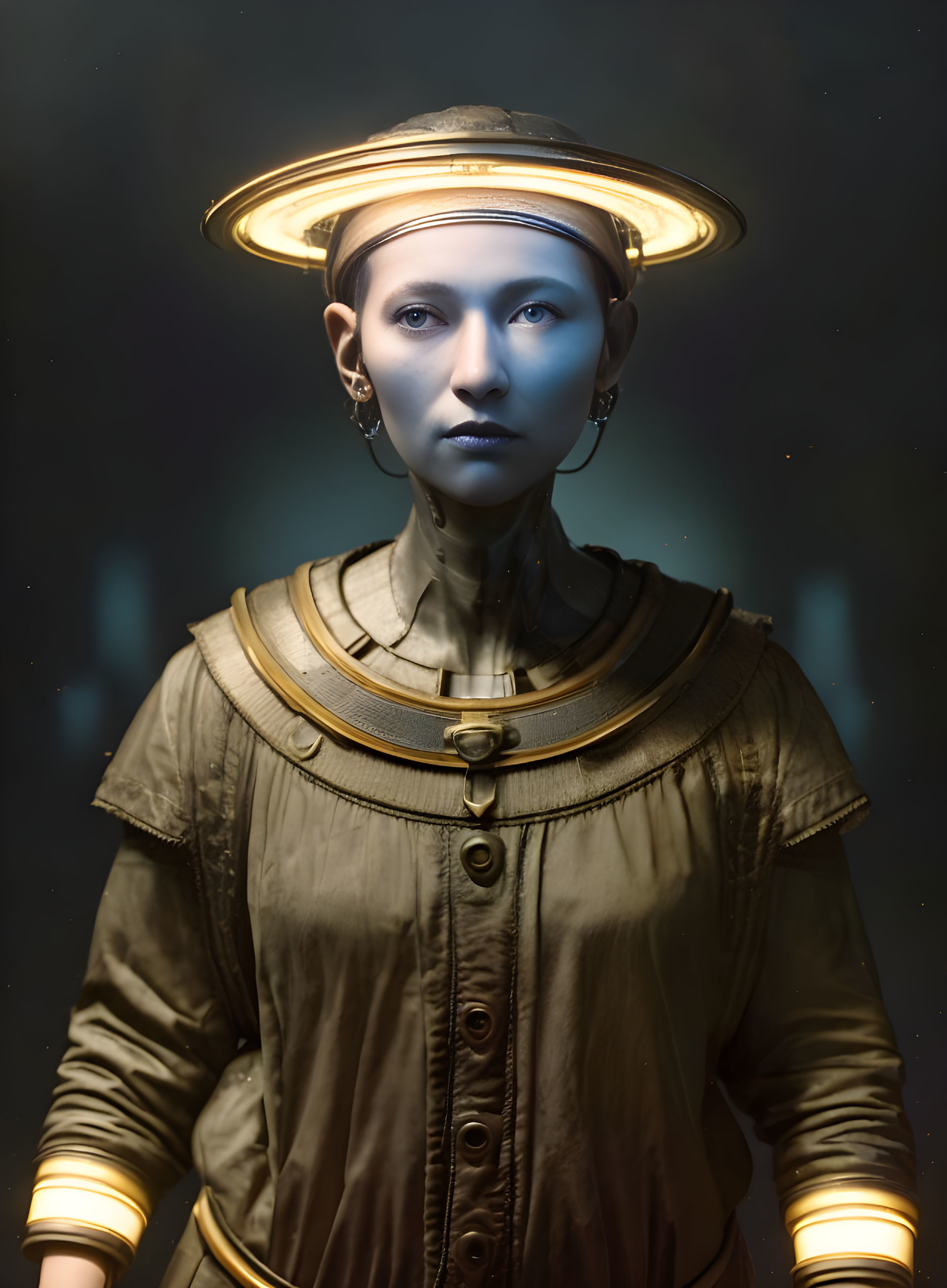 Steampunk-inspired person with halo headpiece and blue facial paint