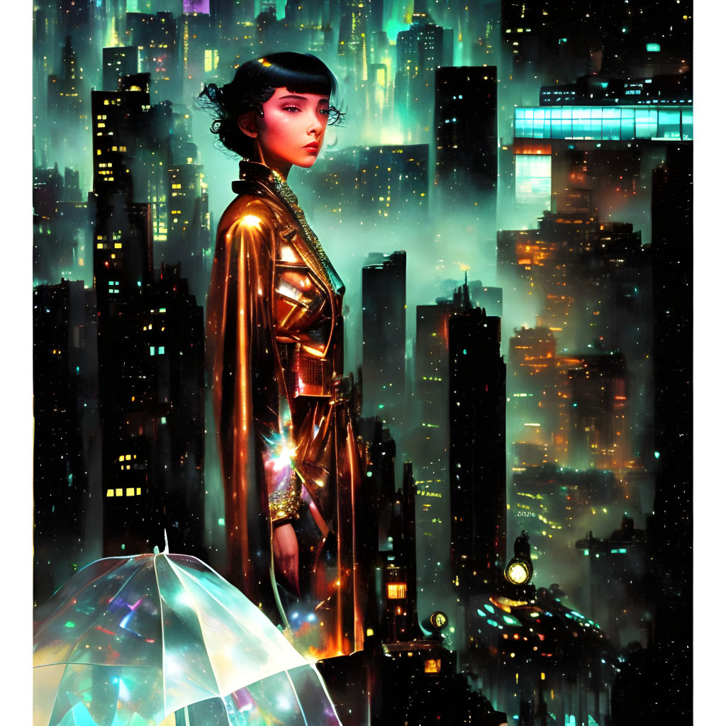 Bob-Haired Woman in Golden Trench Coat with Transparent Umbrella in Futuristic Cityscape