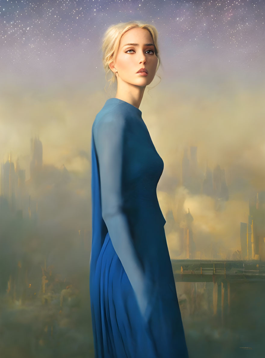 Blond Woman in Blue Dress Amid Fantasy City Skyline