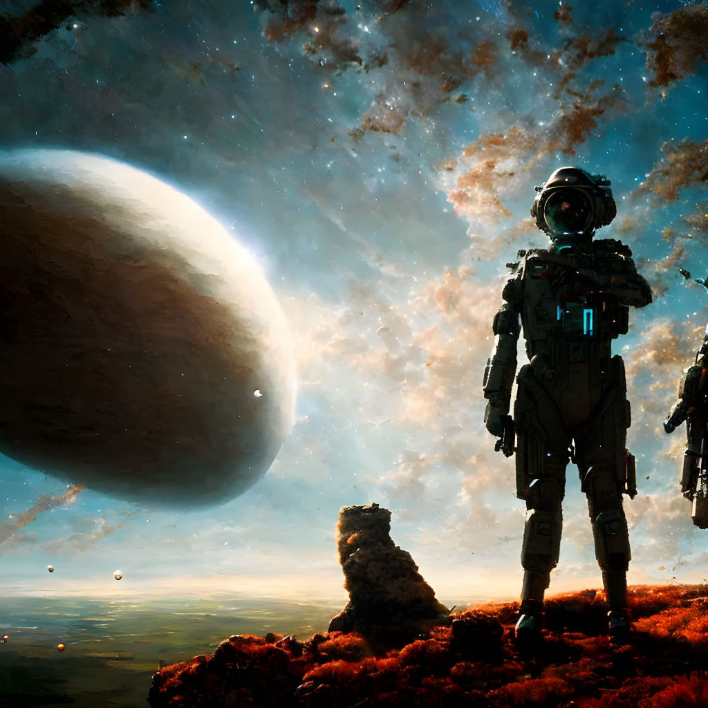 Astronaut on alien planet with rising planet and starry sky