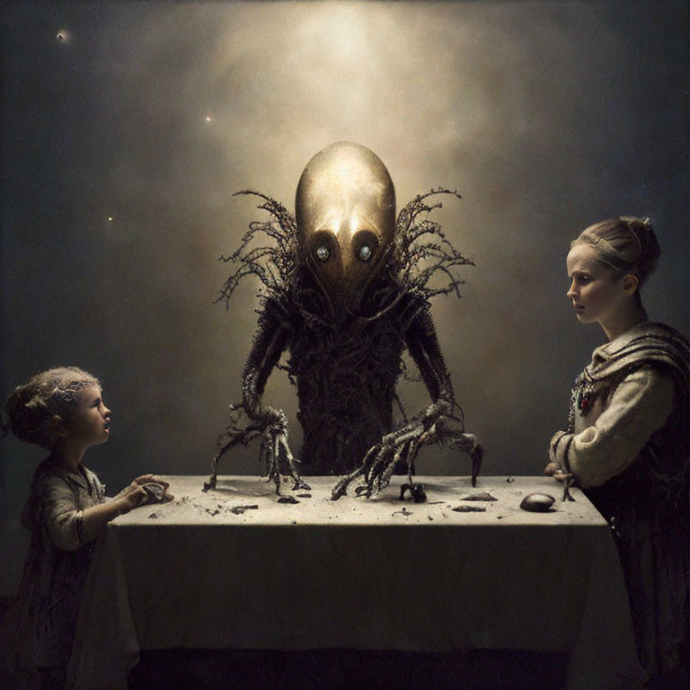 Alien creature with large eyes and human-like dolls in dimly lit scene