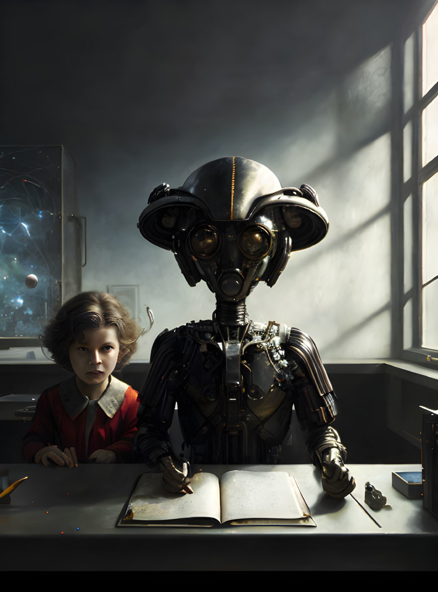 Young student and robotic figure studying book in dimly lit classroom with sunlight.