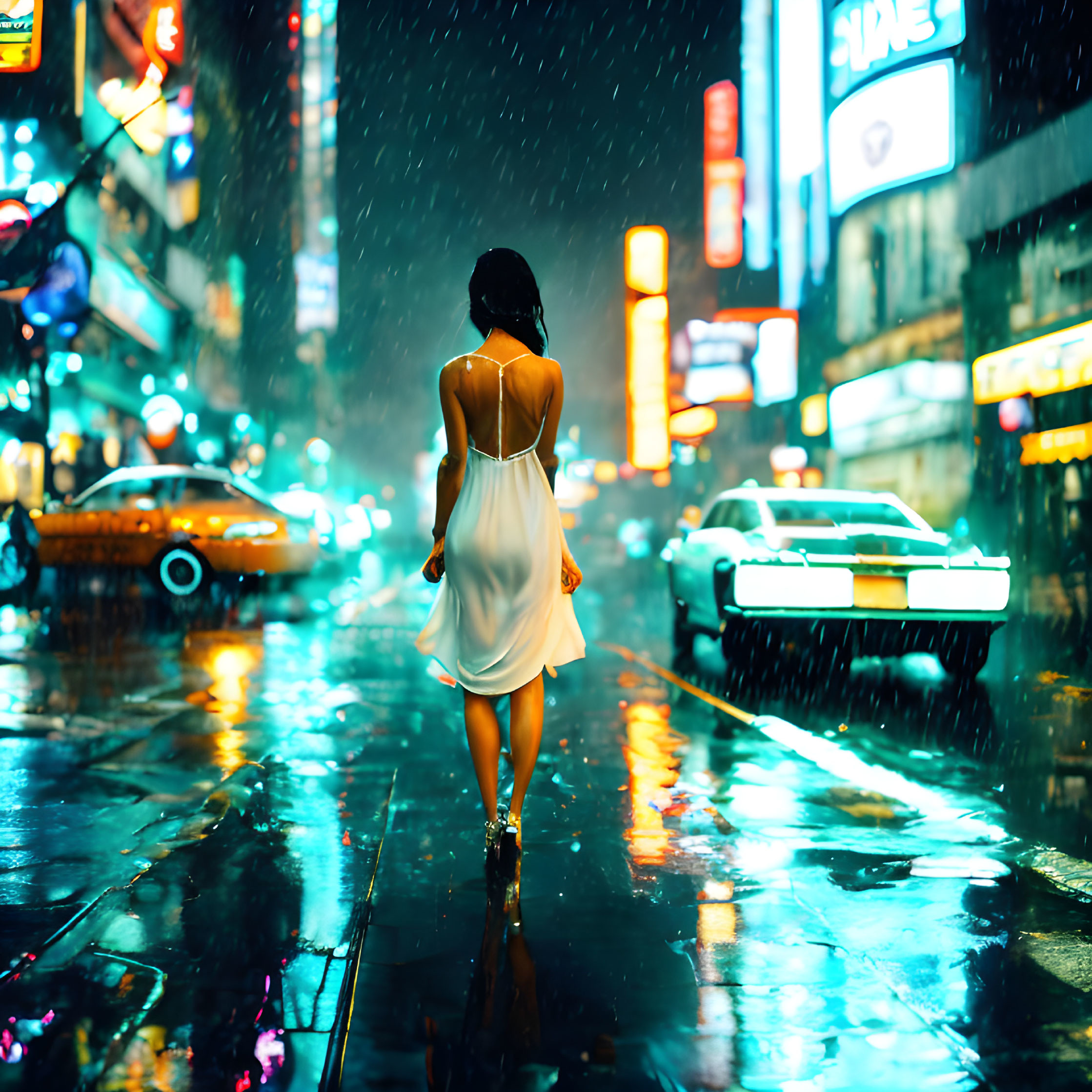 Woman in White Dress Walking on Wet City Street at Night