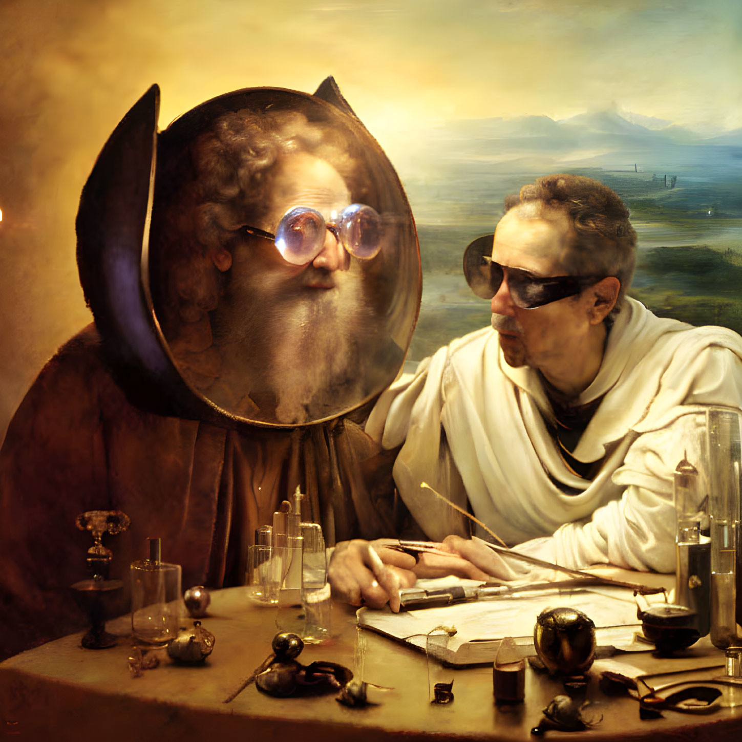 Person with Moon Head and Toga Man in Surreal Scene with Scientific Apparatuses