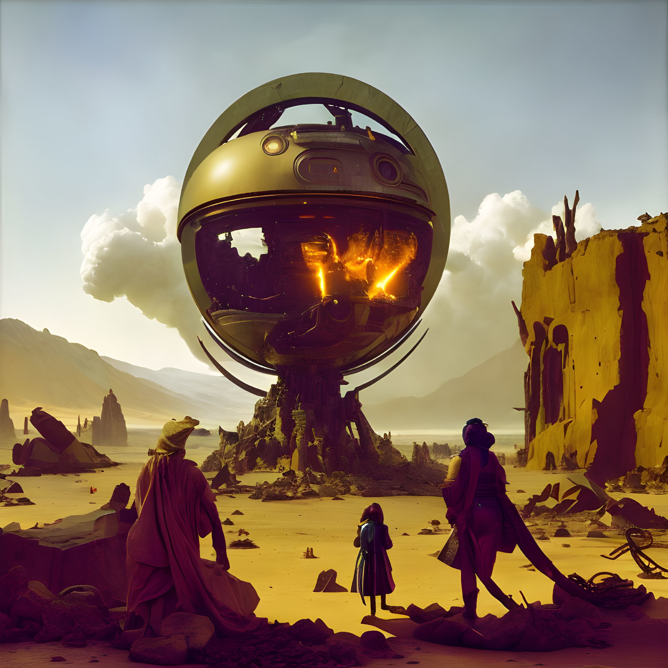 Robed Figures Witnessing Damaged Sphere in Desert Landscape