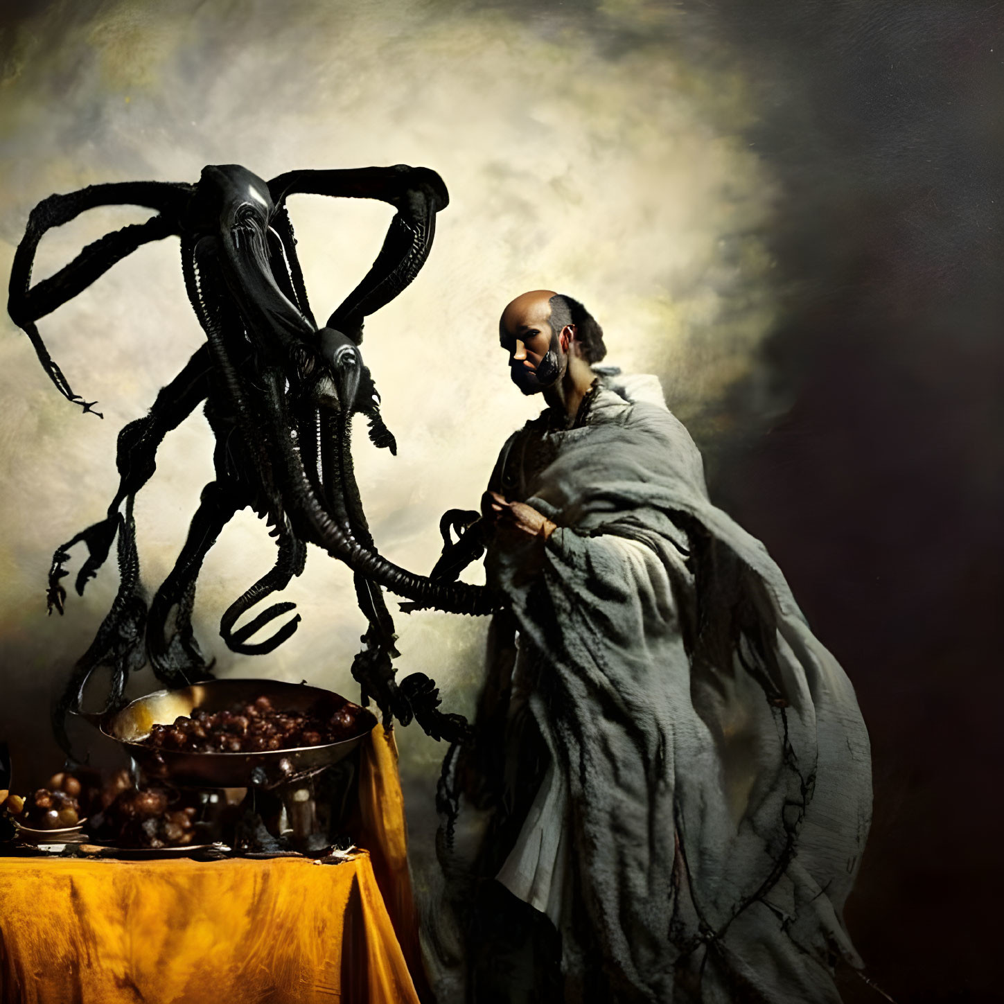 Surreal image: person in robes with octopus on head next to fruit bowl