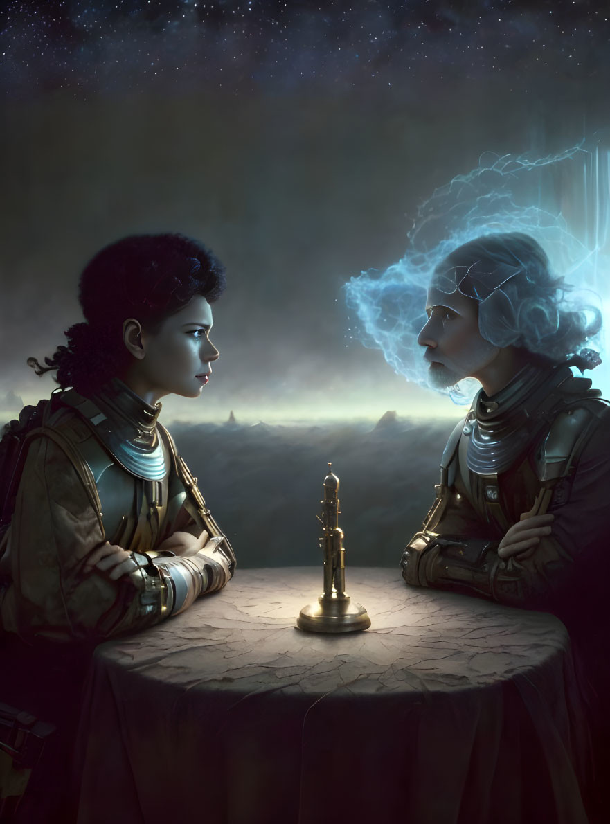 Futuristic armor-clad individuals play chess under a starry sky