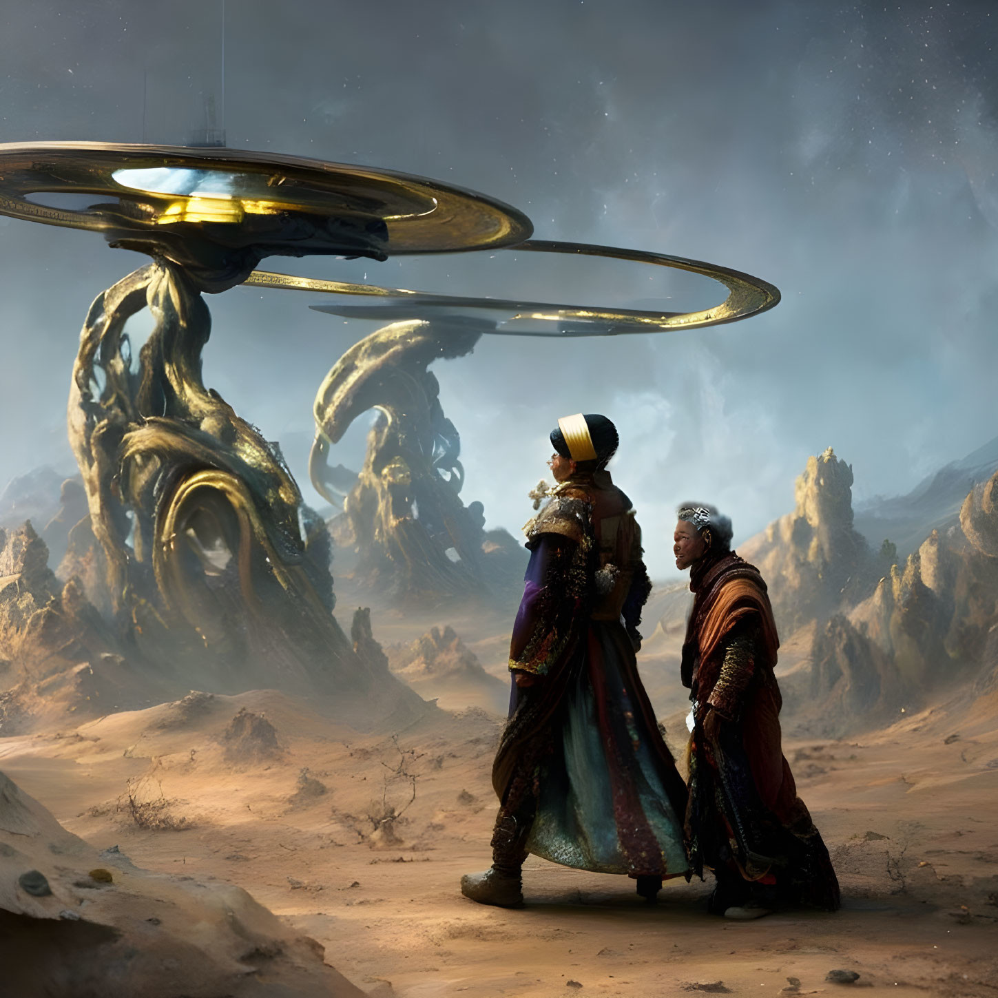 Two Figures in Elaborate Robes with Hovering Spacecraft in Desert Landscape