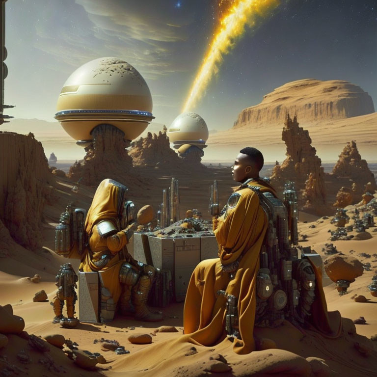 Futuristic figures in desert landscape with floating structures and comet.