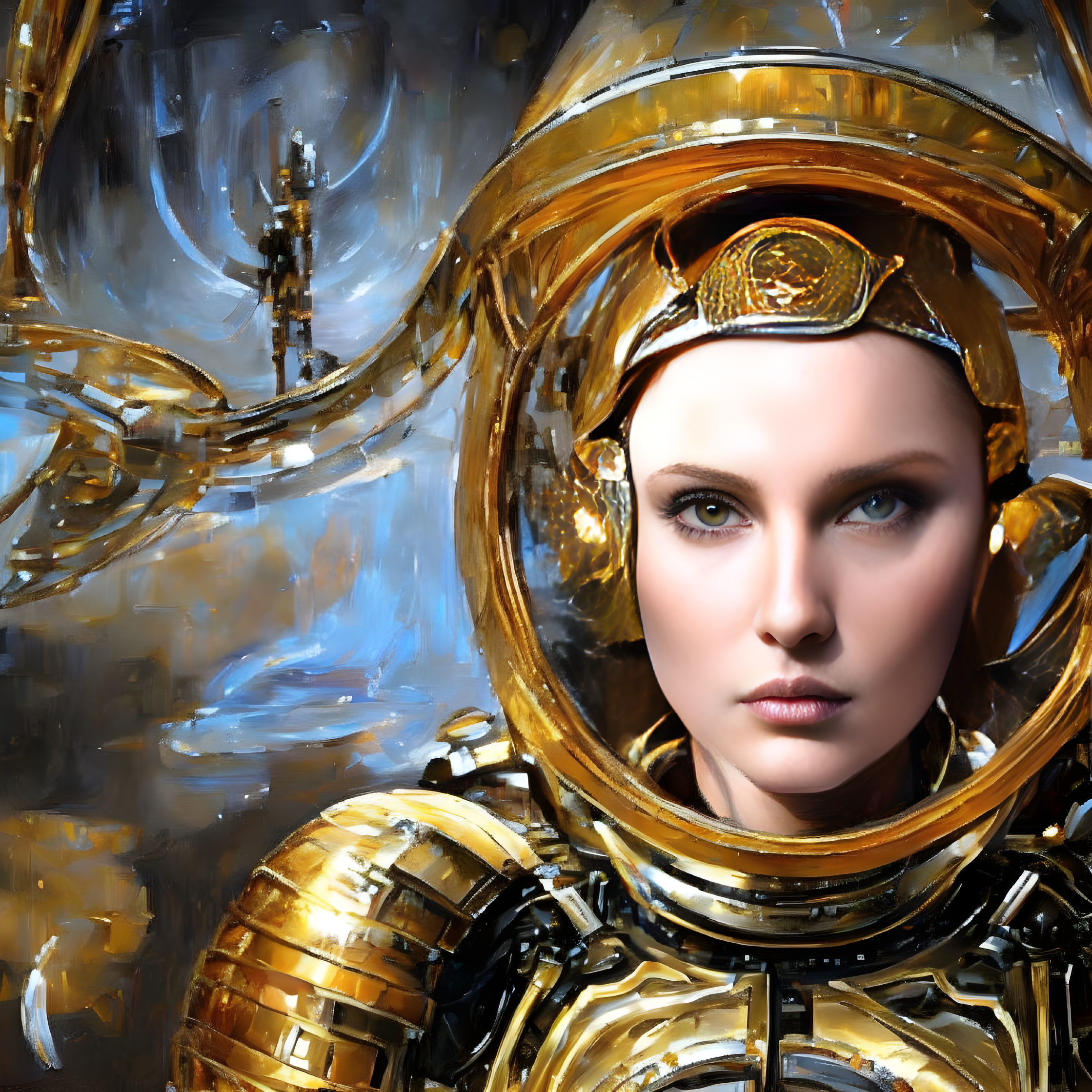 Detailed Golden Astronaut Suit Against Abstract Metallic Blue Backdrop