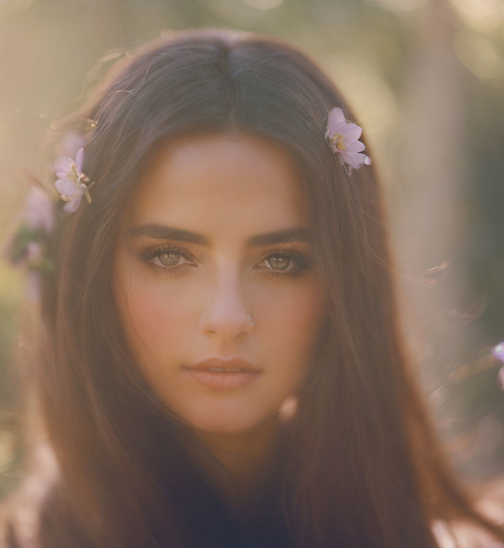 Woman with long brown hair and flowers in soft-focus portrait.