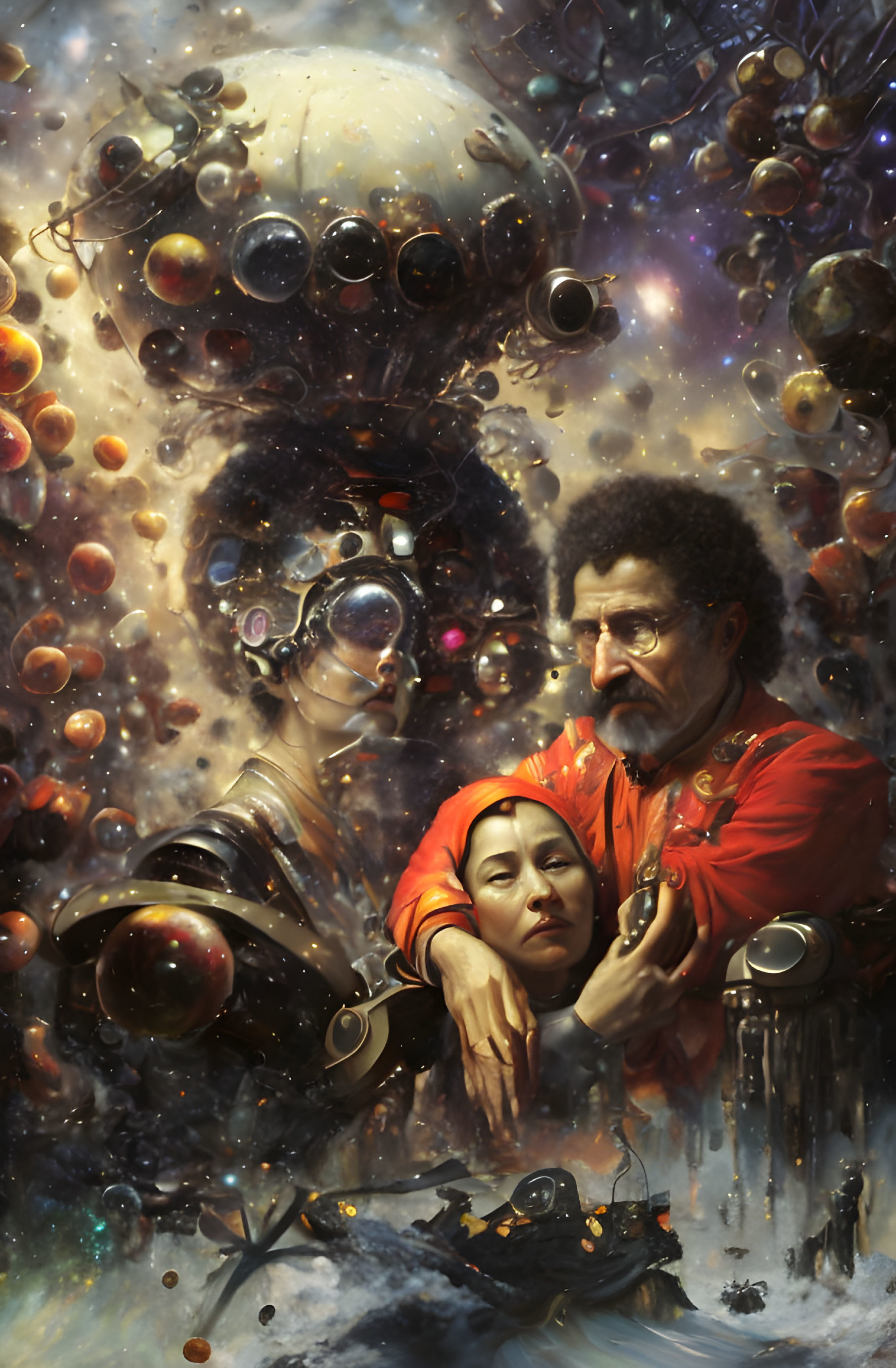 Man in red cradles figure's head amidst celestial orbs, android, and space backdrop