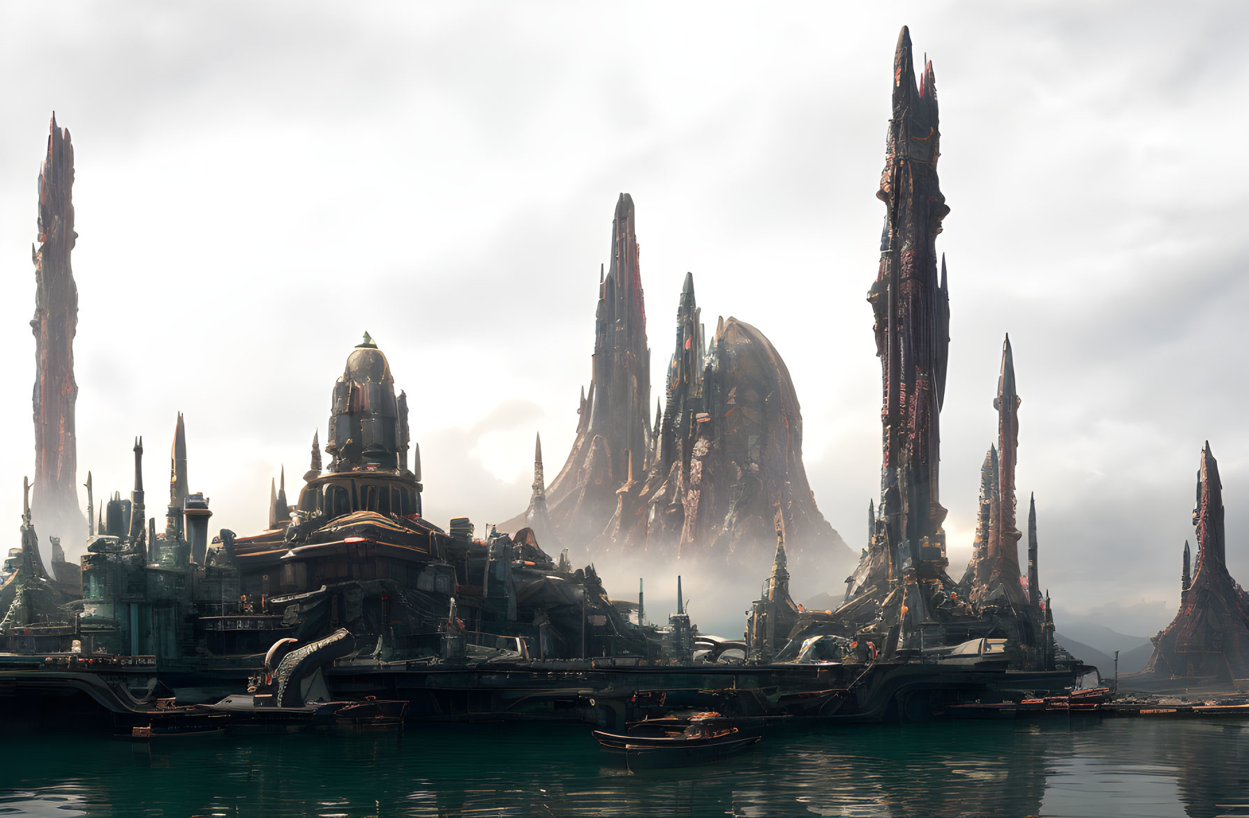 Tranquil bay with boats and futuristic spires under hazy sky