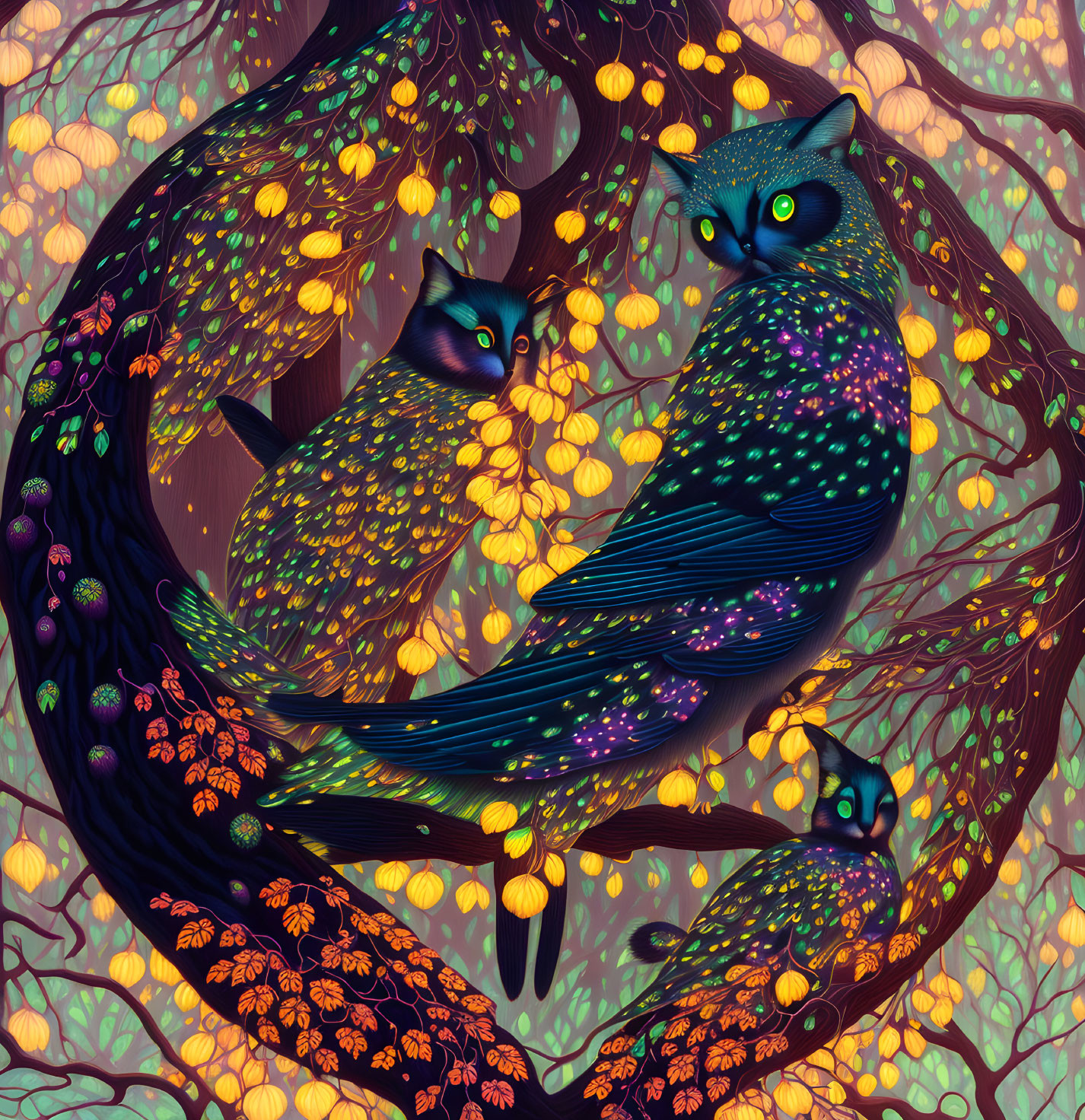 Colorful Stylized Owls Perched on Twisted Branches with Glowing Fruits