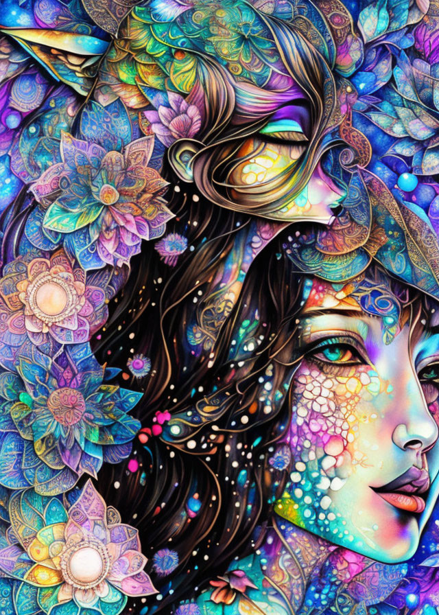 Fantasy female figure with floral patterns and vibrant hues