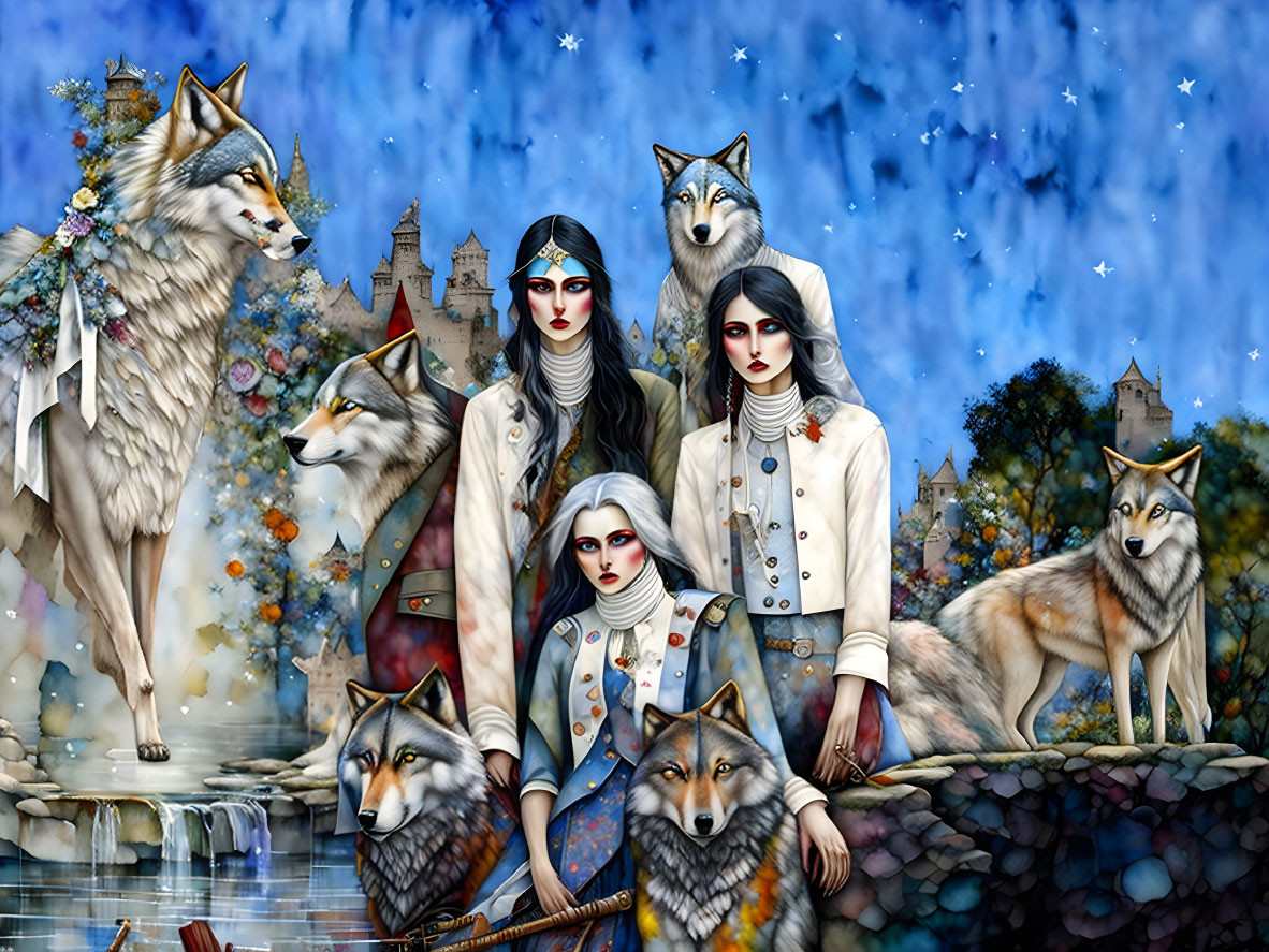 Four women with wolf-like features in regal attire surrounded by wolves in a mystical castle setting.