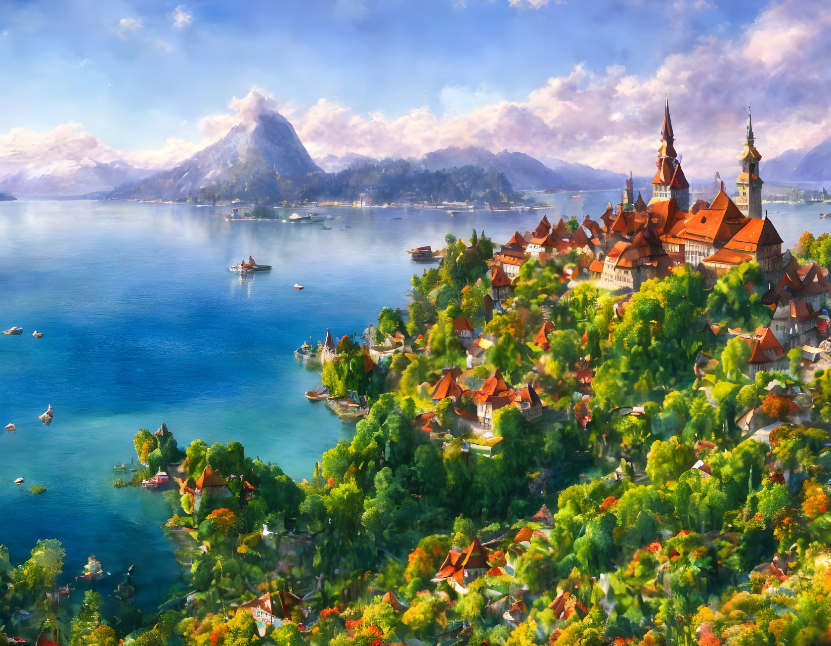 Scenic lakeside village with colorful foliage, traditional architecture, boats, and mountain.