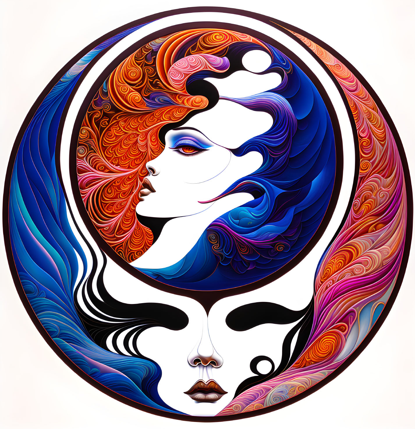 Colorful Woman's Profile Illustration with Swirling Designs in Circular Frame